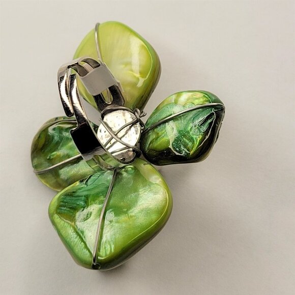 Green Shell with Freshwater Pearl Bead Asymmetric Flower Adjustable Ring - Picture 10 of 16